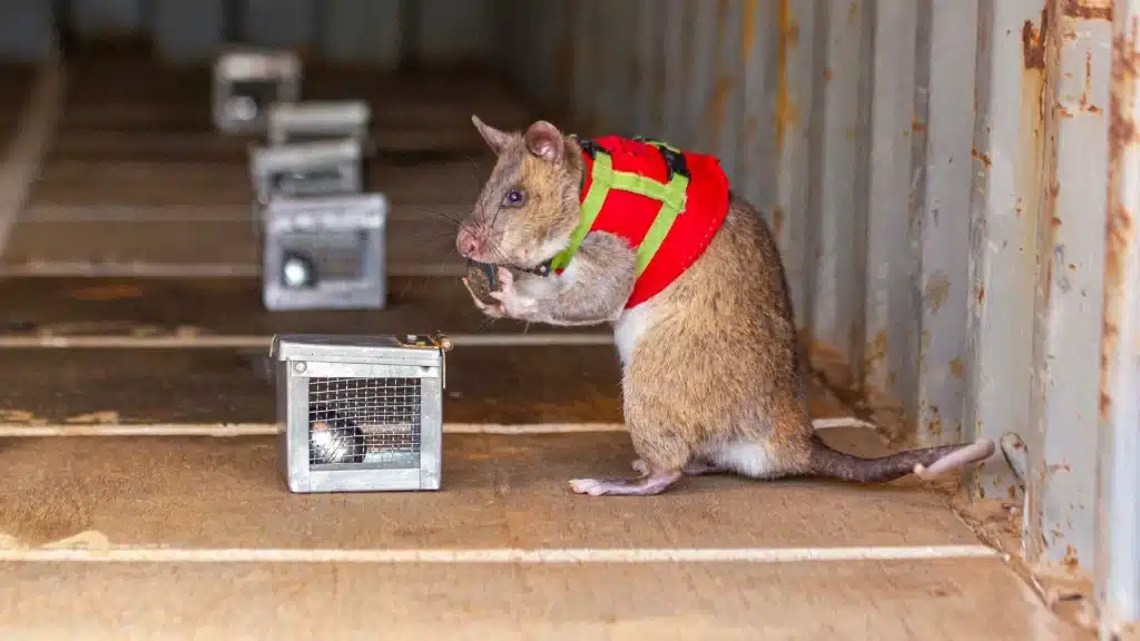Riesenratten haben eine Aufgabe bekommen. Sie werden mit speziellen Rucksäcken ausgestattet
